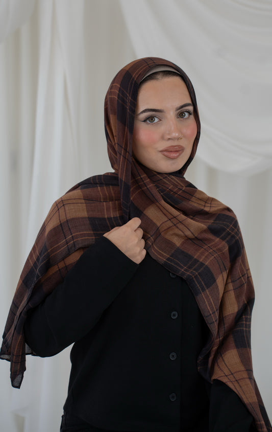 Brown Plaid Premium Printed Modal Hijab